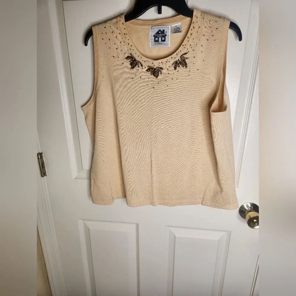 Vtg Storybooks Knit 1X Beige Beaded Embroidered Ramie Cotton Women's TopβTank
